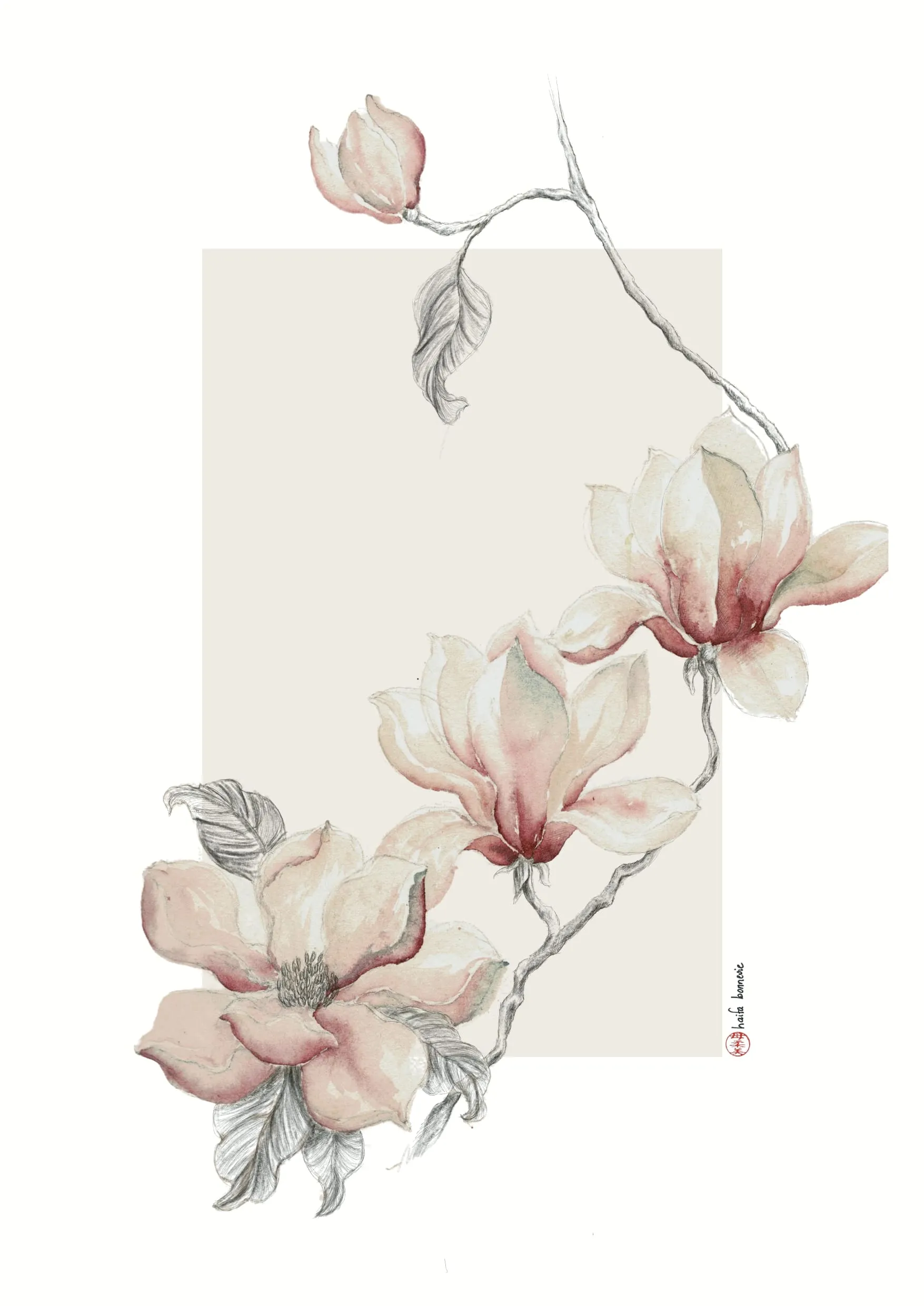 Aquarelle « Branche de magnolia » de Haifa Bonnevie