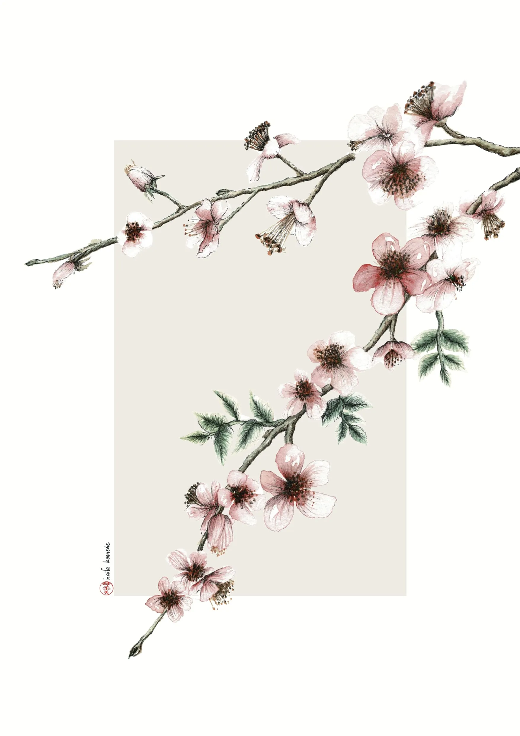 Aquarelle « Branches de cerises » de Haifa Bonnevie